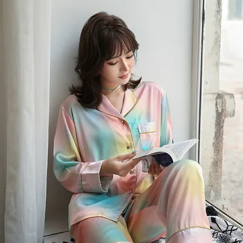 Moterų Pižama Nustatyti 2021 Naujus Satino Sleepwear Šilkiniai Spausdinti 2VNT Marškinėliai&Kelnės Minkštos Pižamos naktiniai drabužiai Atsitiktinis Homewear Intymus apatinis Trikotažas