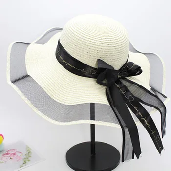Moterų skrybėlės vasaros pavasario lauko beach sun apsaugos didelis kraštų šiaudines skrybėles net verpalai, juostelės bowknot elegantiškas, kietas prabanga saulės skrybėlės