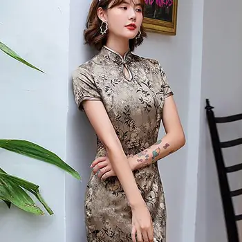 Moterų Trumpomis Rankovėmis Gėlių Spausdinti Plyšine Hem Brokatas Kinijos Cheongsam Midi Suknelė Vestidos Vestuvių Suknelės 2020 Naujas Vakare Šalis