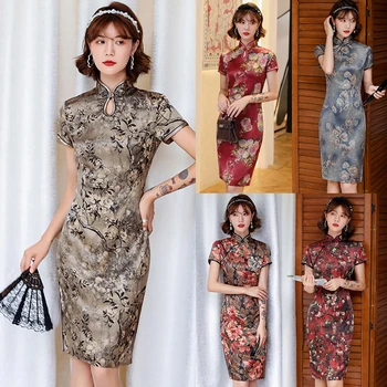 Moterų Trumpomis Rankovėmis Gėlių Spausdinti Plyšine Hem Brokatas Kinijos Cheongsam Midi Suknelė Vestidos Vestuvių Suknelės 2020 Naujas Vakare Šalis