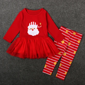 Naujas 2017 Kūdikių, Mergaičių Drabužiai Kalėdų Santa Boutique Komplektus Ilgas Rankovėmis Medvilnės Suknelė su Juostele Kelnės Vaikams DS40