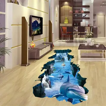 Naujas 3D sienų lipdukai delfinų skaldyti sienos Aquarium Ocean Sienų Lipdukai Vaikams Kambariai, Vonios kambarys, Virtuvė, Namų Dekoro Animacinių filmų