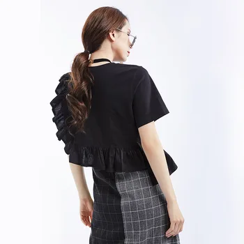 Naujas Mados Black Marškinėliai Vasaros Asmenybės Netaisyklingos Apvalios Kaklo Ruffles Kratinys Moterų Moteris Viršūnes R680