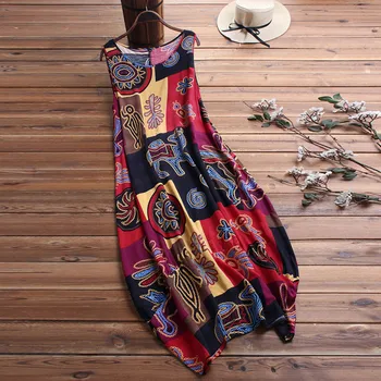NEMOKAMAI STRUČIŲ Suknelė Moterų Berankovis Etninės Spausdinti Prarasti Mid-Calf O-Kaklo Atsitiktinis Geltona Dabartinės Elegantiškas, Grakštus Ilga Suknelė Vasarai