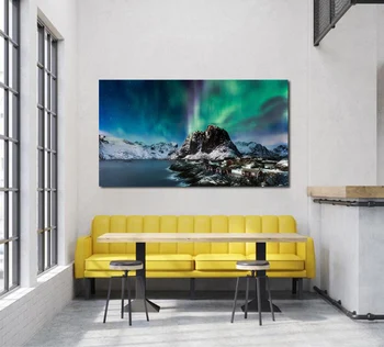 Norvegijos lofoteno aurora šiaurės pašvaistė kalnai, jūros kambarį dekoro ir namų sienos meno dekoro medžio rėmo audinio plakatas kg785