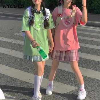 NYOOLO 2020 metų Vasaros gatvės Vyšnių Spausdinimo Nėrinių Trumpas Rankovės O-kaklo T-shirt moterims, Harajuku japonija stilius Saldus Mielas Mergaičių Viršūnes tee