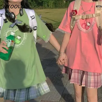 NYOOLO 2020 metų Vasaros gatvės Vyšnių Spausdinimo Nėrinių Trumpas Rankovės O-kaklo T-shirt moterims, Harajuku japonija stilius Saldus Mielas Mergaičių Viršūnes tee