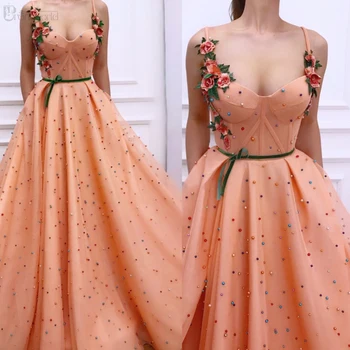 Oranžinė Musulmonų Vakaro Suknelės 2020 Gėlės Perlai Chalatas De Soiree Spagečiai Dirželiai-Line Dubajus Arabų Vakare Gown Prom Dress