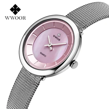 Ponios Žiūrėti Moterų Mados Laikrodžiai WWOOR Top Brand Prabanga Atsitiktinis Suknelė Rožinės spalvos Laikrodis Apyrankės Moterims Akių Juostos Reloj Mujer