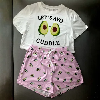 QWEEK Pižama Ponios Medvilnės Pijamas Moterų Sleepwear Moterų Namų Drabužių Bananų Spausdinti Pyjama Sleepwear Nustatyti Nightie 2020 m.