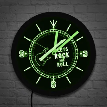 Rock n Roll Neon Poveikis Sieninis Laikrodis Muzikos Studija Kambarys Pub Baras Sienos Meno Arkliukas Gitara LED Apšviesta Siena Žiūrėti Šviesos Sieninis Laikrodis