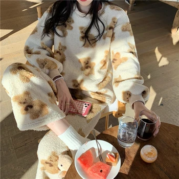 Rudenį ir žiemą naujas Japonų ir korėjiečių stiliaus pižama minkštas glutinous ėriukų lokys tingus apvalios kaklo poilsio namų drabužiai
