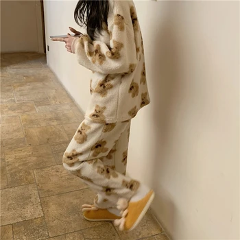 Rudenį ir žiemą naujas Japonų ir korėjiečių stiliaus pižama minkštas glutinous ėriukų lokys tingus apvalios kaklo poilsio namų drabužiai