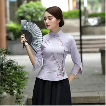 SHENG KOKOSŲ Lino Viršūnes Medvilniniai Siuvinėjimo Qipao Viršūnes Kinijos Ponios Kinų Vintage Drabužių Cheongsam Viršūnes Violetinė Liaudies Kostiumas