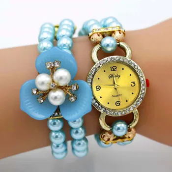 Shsby Mados Moterų Kalnų Krištolas Laikrodžiai Ponios Pearl Dirželis Tris Gėlių Žiedlapių Apyranke Kvarciniai Laikrodžiai Moterims Suknelė Laikrodžiai