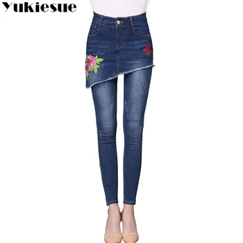 Siuvinėjimo džinsai moteriška 2017 aukštos wasit derliaus džinsinio džinsus moteris liesas ilgai pieštuku kelnės, sijonai, džinsai moterų plius dydis