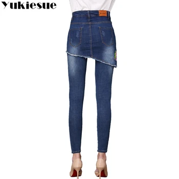 Siuvinėjimo džinsai moteriška 2017 aukštos wasit derliaus džinsinio džinsus moteris liesas ilgai pieštuku kelnės, sijonai, džinsai moterų plius dydis
