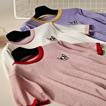 Siuvinėjimo šuo kratinys megzti marškinėliai moterims plonas vasaros viršūnes 2019 nauja siunta o-kaklo trumpomis rankovėmis 3colors