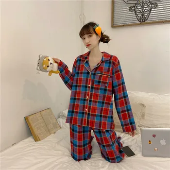 Spalvotų pledas pižama rinkiniai moterims pasukite žemyn apykaklės pyjama pavasarį, rudenį, moterų Ilgas Rankovėmis pižamos homewear sleepwear L030