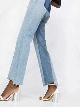 Streetwear Klasikinis Mėlynos Kontrasto Spalvų Siūlėmis Nereguliarus Supjaustyti Aukštos Juosmens, Tiesios Kojos Džinsai Moterų 2020 m. Rudenį Naujų Visas Rungtynes
