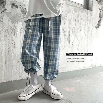 Streetwear Mados Korėjos Stiliaus Pledas Kelnės Vyrams Drabužius Vasarą Laisvi Susitraukiantis Poilsiu Kpop Drabužius Atsitiktinis Tiesūs Kojų Kelnės