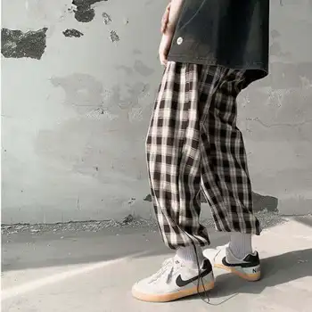 Streetwear Mados Korėjos Stiliaus Pledas Kelnės Vyrams Drabužius Vasarą Laisvi Susitraukiantis Poilsiu Kpop Drabužius Atsitiktinis Tiesūs Kojų Kelnės