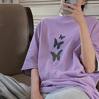 T-marškinėliai Moterims Vasaros Ins Atspindintis Drugelis Negabaritinių Tee Viršuje Violetinė Retro Harajuku Streetwear Stilingas Vaikinas Prašmatnus Populiarus