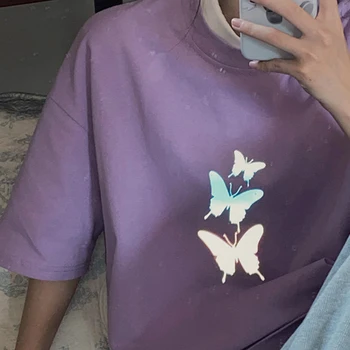 T-marškinėliai Moterims Vasaros Ins Atspindintis Drugelis Negabaritinių Tee Viršuje Violetinė Retro Harajuku Streetwear Stilingas Vaikinas Prašmatnus Populiarus