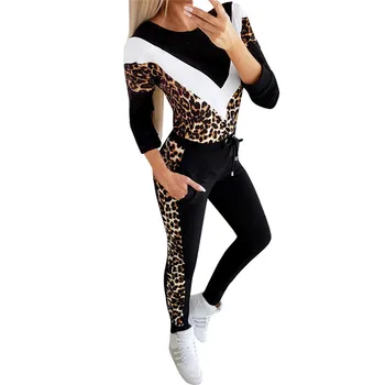 Tracksuit Moterys Ilgomis Rankovėmis Dviejų Dalių Komplektas Komplektai Spalvų Atitikimo Raišteliu Dizaino Juostele Spausdinti Viršūnes+Leopard Print Pocket Pants