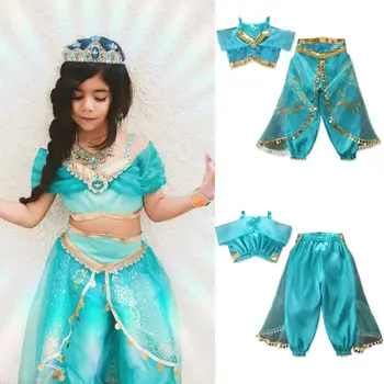 Vaikams Kūdikių, Mergaičių Drabužiai Nustatyti 2019 Indijos Stiliaus Bamblys Princesė Vasaros trumpomis Rankovėmis Mėlyna, T-marškinėliai, Liemenė Viršūnes Kelnes Apranga, Drabužiai
