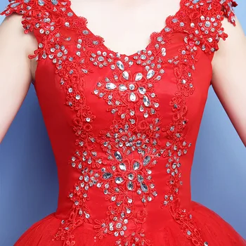 Vestido De Noiva 2021 V-kaklo Raudona Duobute Backless Quinceanera Suknelės Tiulio Kristalinis Kamuolys Suknelė Elegantiškas Quinceanera Suknelės