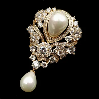 Viktorijos Derliaus Juostelę Pažymėkite Imitavo Pearl Drop Vestuvių Sagės Aukso Tonas Nutiesti CZ Gėlių Ašaros Prabangių Vestuvių Pin Papuošalai