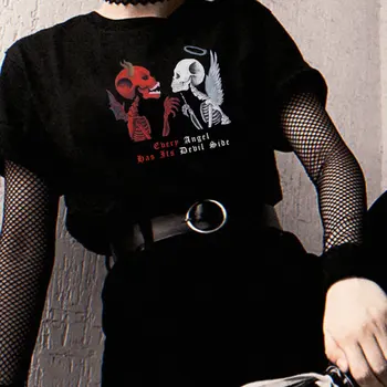 VIP HJN Angelas Velnio Gotikos T-Shirt Moterims degintis Spausdinti Grunge Estetinės Goth Marškinėliai Tamsiai Edgy Mados Streetwear Grafinis Tee