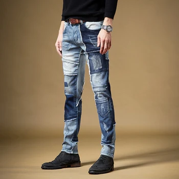 Vyrai Kratinys Džinsai Retro Ruožas Tiesios Kelnės Slim Fit Streetwear Mėlyna Džinsinio Audinio Kelnės