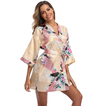 Witbuy Minkšto Satino Sleepwear Spausdinti Gėlių&Povas Kimono Chalatas Moterims Seksuali Mini Suknelė Sekso Nuotaka Bridesmaid, Vestuvių Skraiste