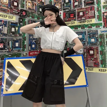 Y Demo Harajuku Techwear trumpomis Rankovėmis T-shirt Moterims, Užtrauktukas, Grandinė, Sagtis, Trišakiai Vasaros