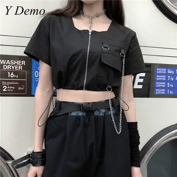 Y Demo Harajuku Techwear trumpomis Rankovėmis T-shirt Moterims, Užtrauktukas, Grandinė, Sagtis, Trišakiai Vasaros