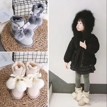 Žiemą Vaikai Mados sniego batai storio natūralios Odos šiltas pliušinis minkštas apačioje kūdikių mergaičių batai žiemos slidinėjimo bamblys įkrovos kūdikių