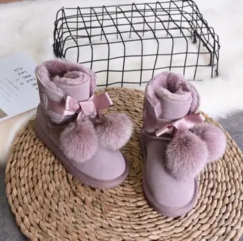 Žiemą Vaikai Mados sniego batai storio natūralios Odos šiltas pliušinis minkštas apačioje kūdikių mergaičių batai žiemos slidinėjimo bamblys įkrovos kūdikių